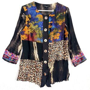 CALESSA Patchwork Mixed Media Embroidered Lagenlook Boho Semi Sheer LS Tunic S